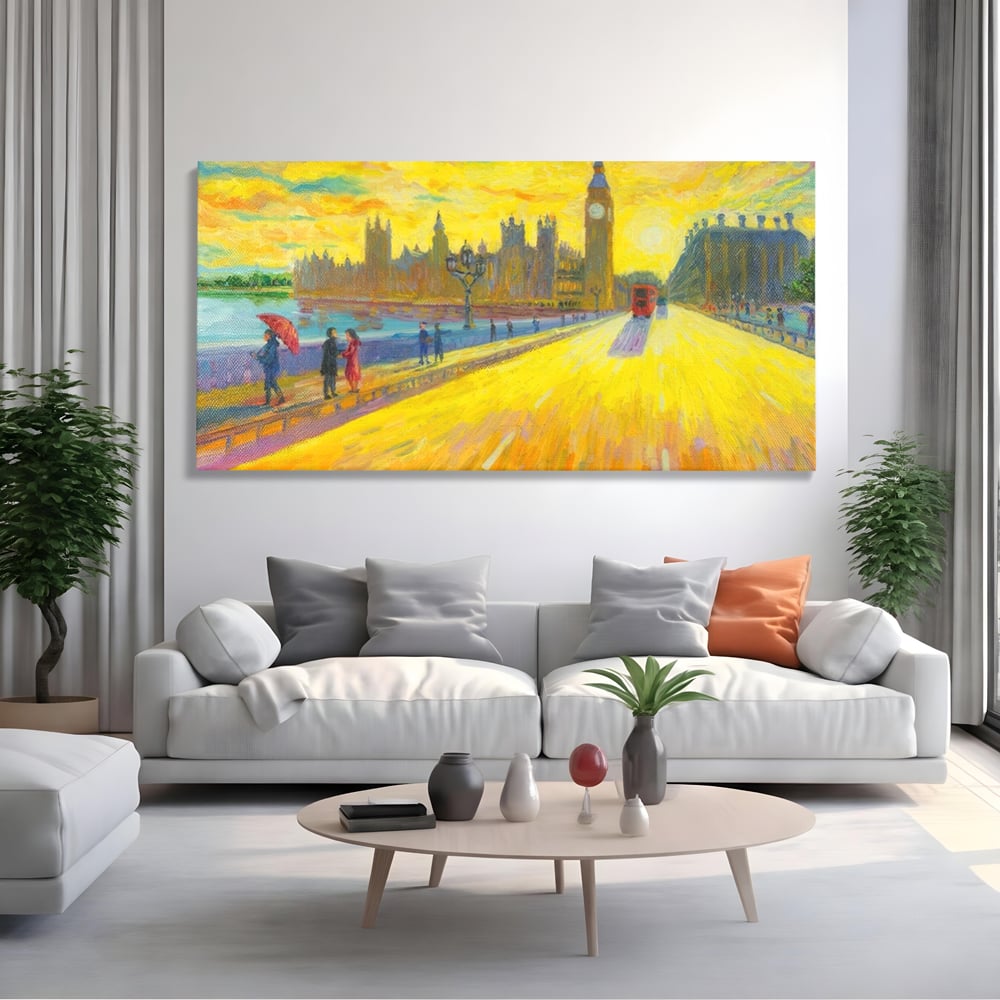 Tablou canvas cu tablou canvas cu londra si big ben, fara rama, pe sasiu de lemn, pe perete intr-un living